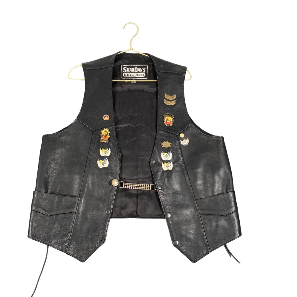 Vintage Shardan's Leather Biker Vest 44 HOG San Diego Harley Patches Pins 2000s
